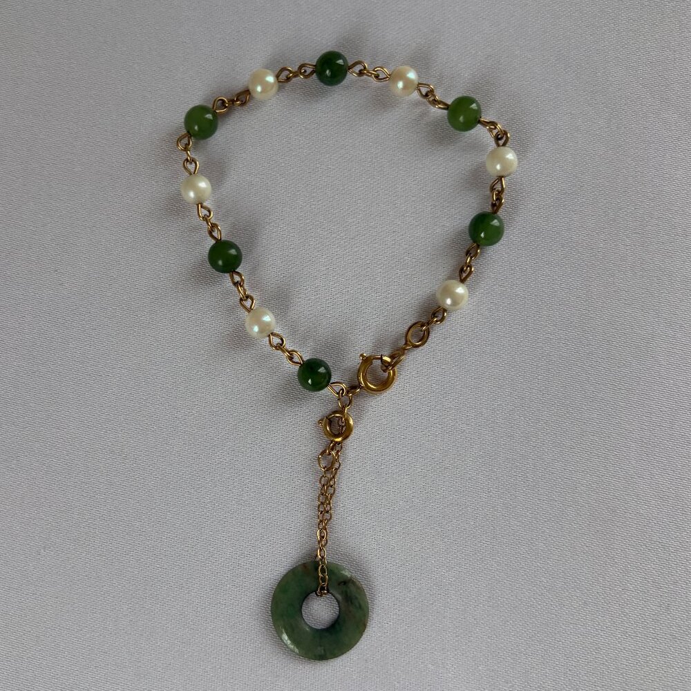 Jade Pearl gold filled charm bracelet vintage mid century